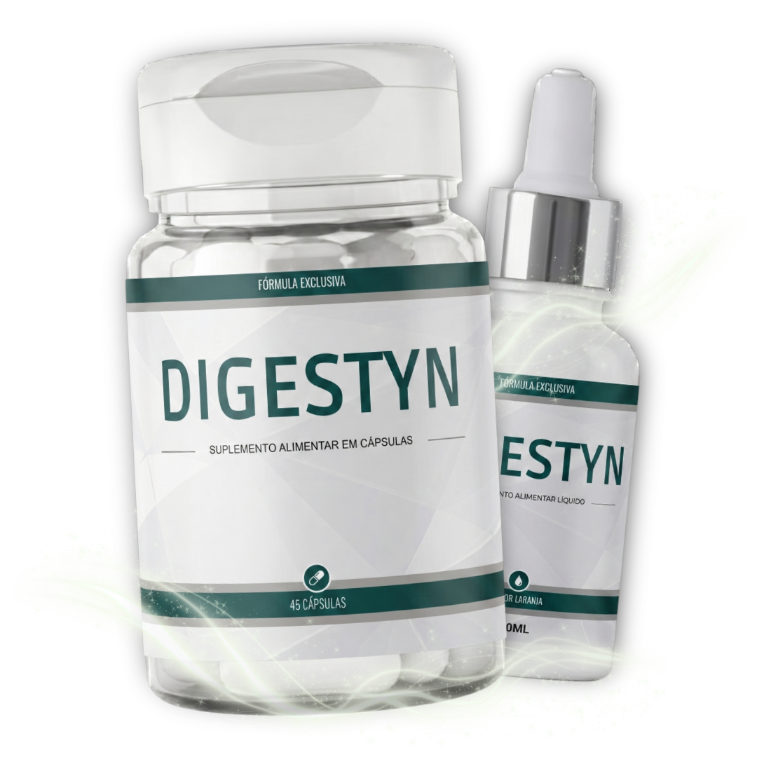Digestyn, pote de cápsulas e frasco de gotas